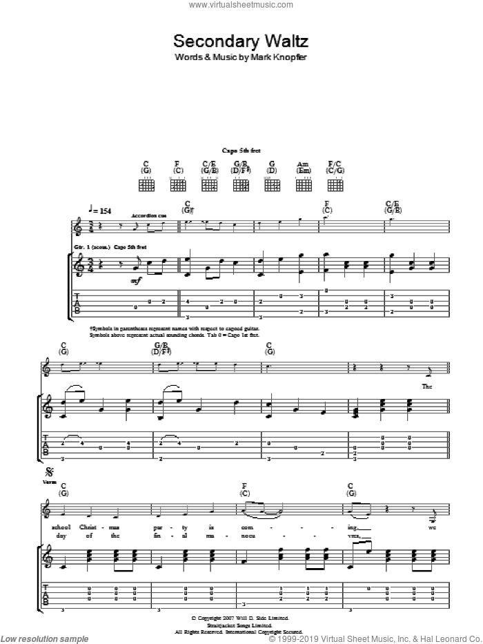 Secondary Waltz sheet music for guitar (tablature) by Mark Knopfler, intermediate skill level