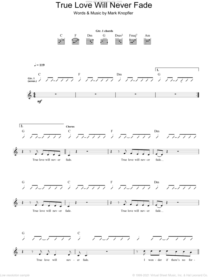 True Love Will Never Fade sheet music for guitar (tablature) by Mark Knopfler, intermediate skill level