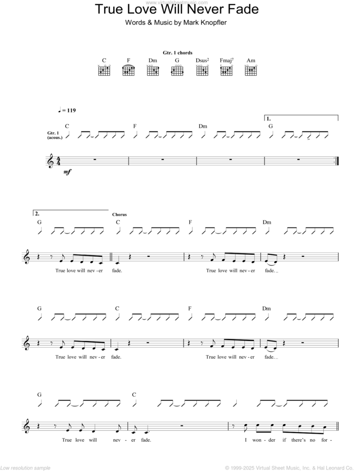 True Love Will Never Fade sheet music for guitar (tablature) by Mark Knopfler, intermediate skill level