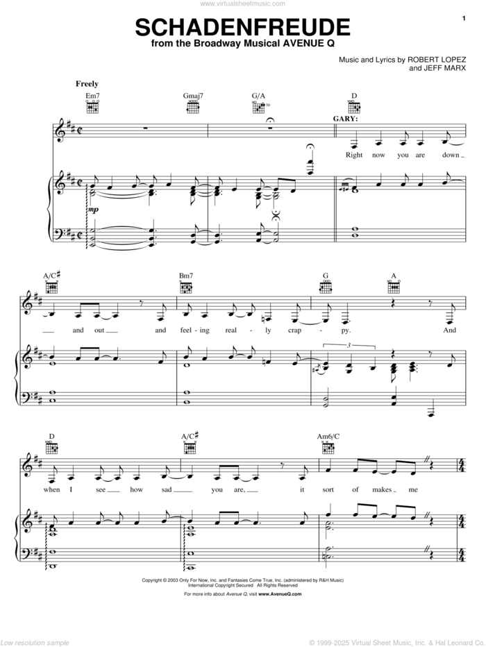 Schadenfreude (from Avenue Q) sheet music for voice, piano or guitar by Avenue Q, Jeff Marx, Robert Lopez and Robert Lopez & Jeff Marx, intermediate skill level