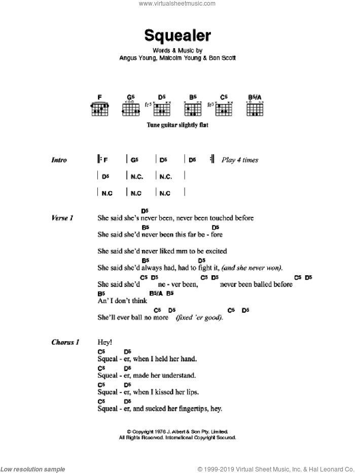 Squealer sheet music for guitar (chords) by AC/DC, Angus Young, Bon Scott and Malcolm Young, intermediate skill level