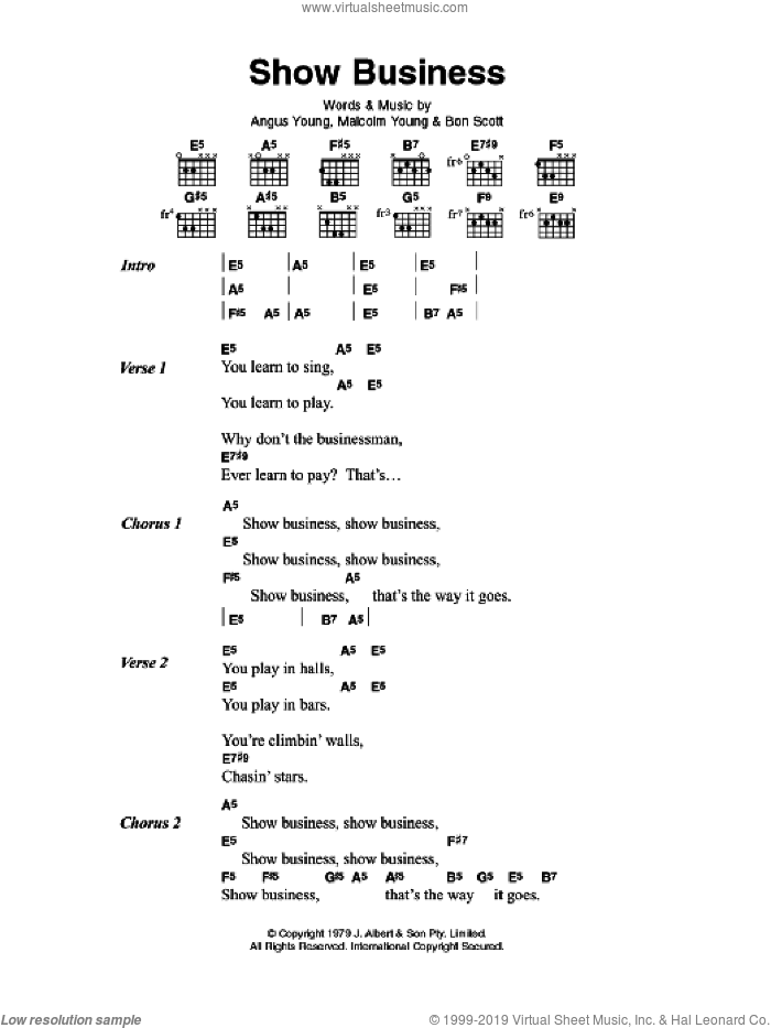 Show Business sheet music for guitar (chords) by AC/DC, Angus Young, Bon Scott and Malcolm Young, intermediate skill level