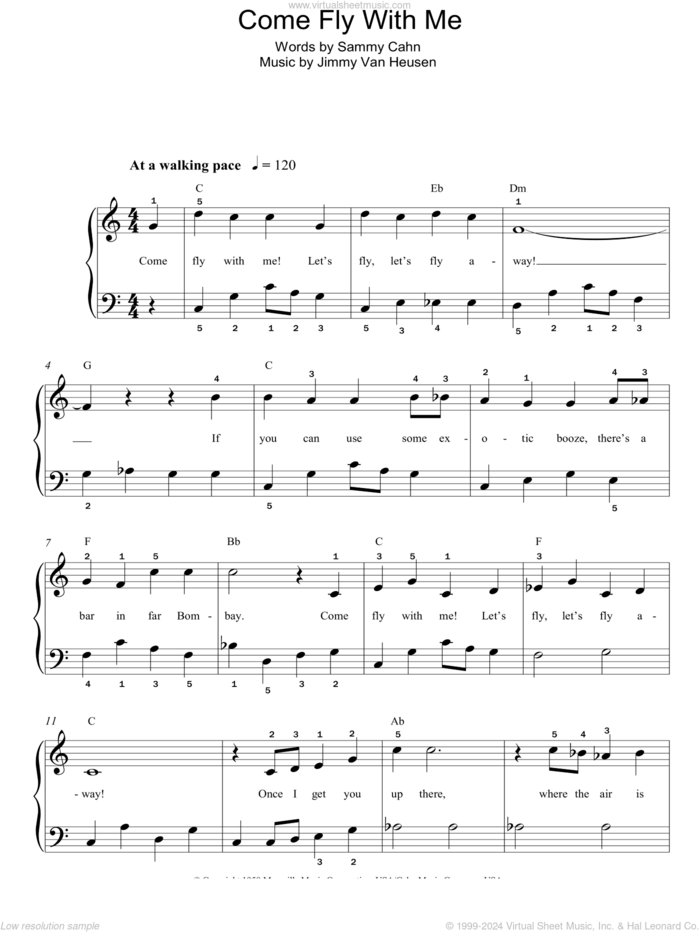 Come Fly With Me sheet music for piano solo by Frank Sinatra, Jimmy Van Heusen and Sammy Cahn, easy skill level