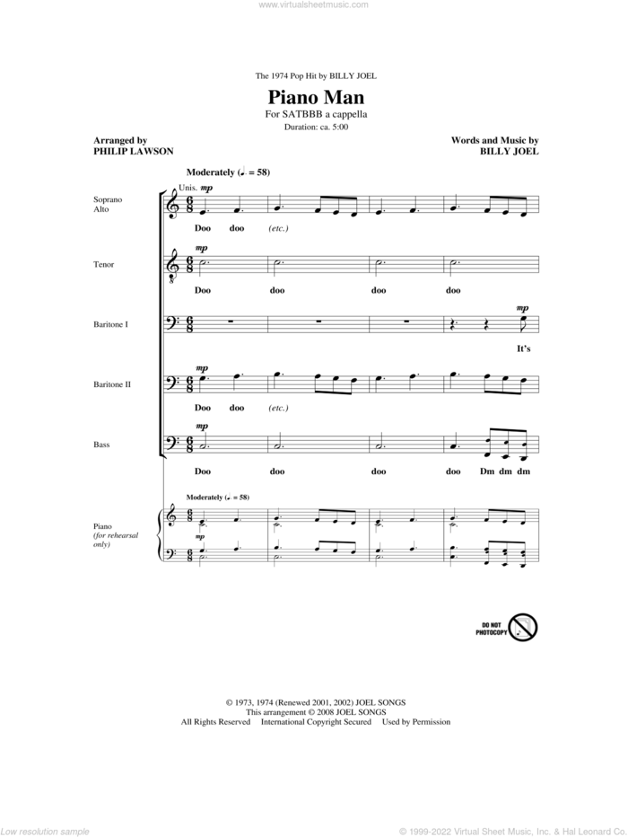 Piano Man sheet music for choir (SATB: soprano, alto, tenor, bass) by Billy Joel and Philip Lawson, intermediate skill level