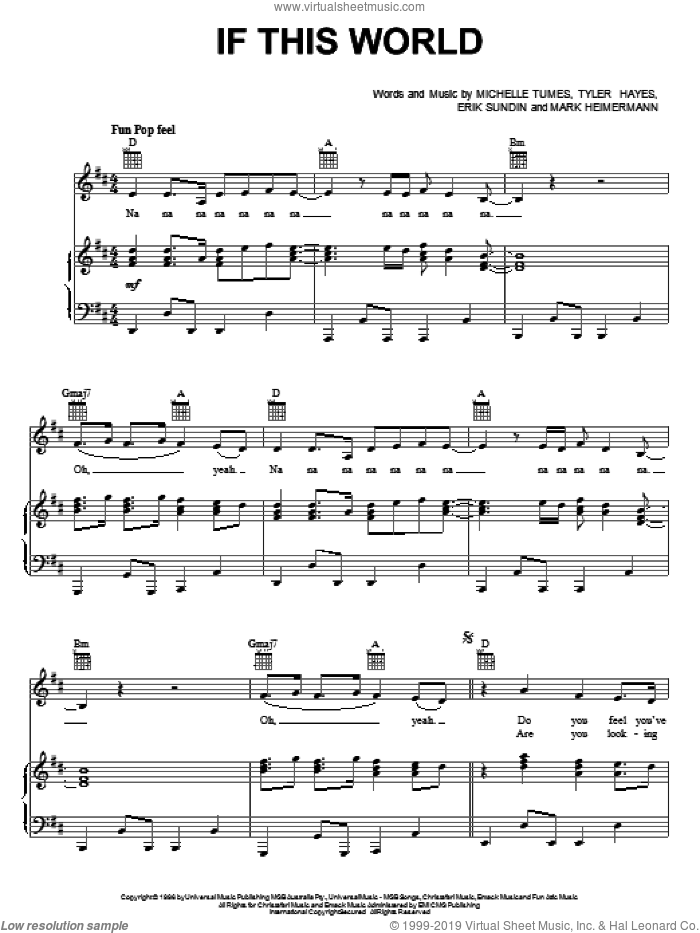 If This World sheet music for voice, piano or guitar by Jaci Velasquez, Erik Sundin, Mark Heimermann, Michelle Tumes and Tyler Hayes-Bieck, intermediate skill level