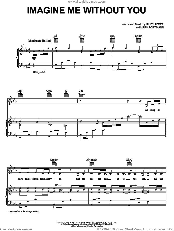 Imagine Me Without You sheet music for voice, piano or guitar by Jaci Velasquez, Mark Portmann and Rudy Perez, intermediate skill level