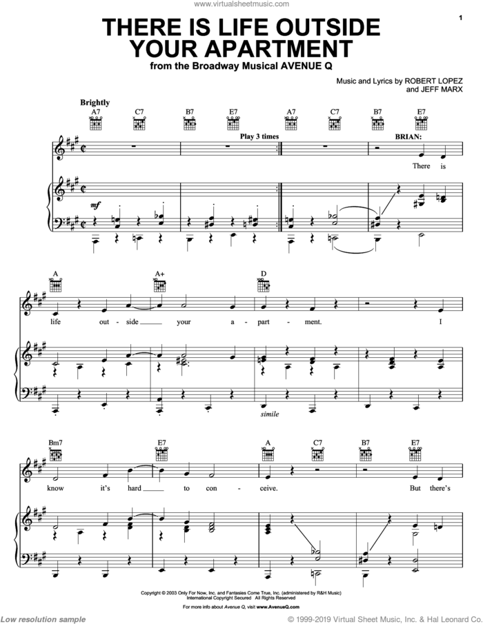 There Is Life Outside Your Apartment (from Avenue Q) sheet music for voice, piano or guitar by Avenue Q, Jeff Marx, Robert Lopez and Robert Lopez & Jeff Marx, intermediate skill level