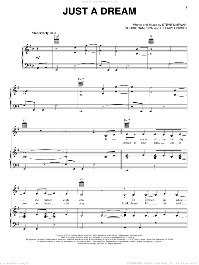 Just A Dream sheet music for voice, piano or guitar by Carrie Underwood, Gordie Sampson, Hillary Lindsey and Steve McEwan, intermediate skill level