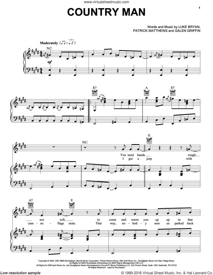 Country Man sheet music for voice, piano or guitar by Luke Bryan, Galen Griffin and Patrick Matthews, intermediate skill level