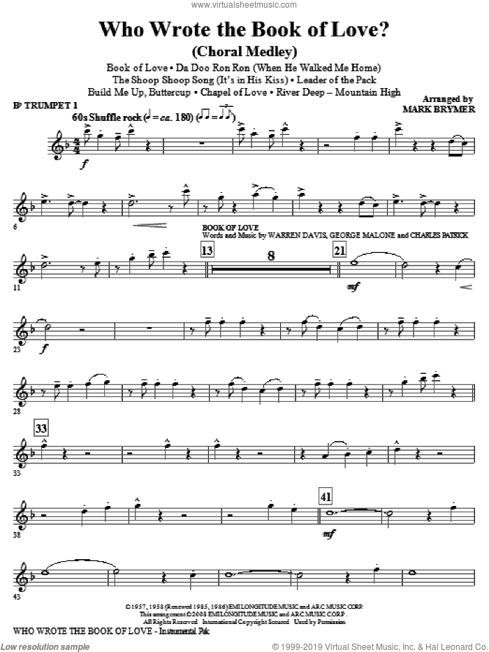 Who Wrote The Book Of Love? (Choral Medley) (complete set of parts) sheet music for orchestra/band by Mark Brymer, intermediate skill level