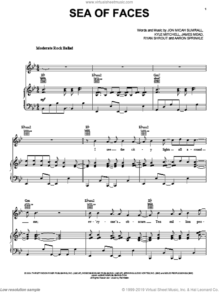 Sea Of Faces sheet music for voice, piano or guitar by Kutless, Aaron Sprinkle, James Mead, Jon Micah Sumrall, Kyle Mitchell and Ryan Shrout, intermediate skill level