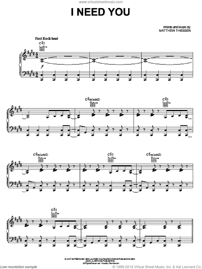 I Need You sheet music for voice, piano or guitar by Relient K and Matthew Thiessen, intermediate skill level