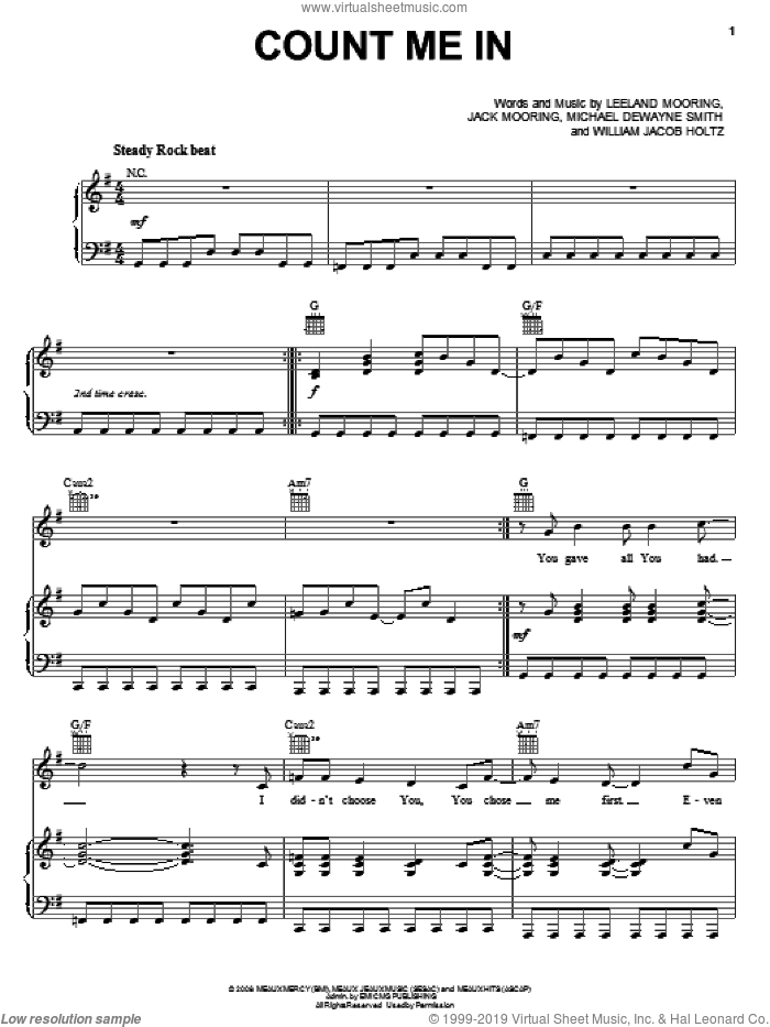 Count Me In sheet music for voice, piano or guitar by Leeland, Jack Mooring, Leeland Mooring, Michael Dewayne Smith and William Jacob Holtz, intermediate skill level