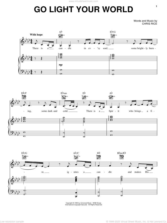 Go Light Your World sheet music for voice, piano or guitar by Kathy Troccoli and Chris Rice, intermediate skill level