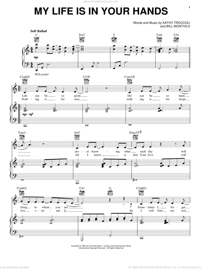 My Life Is In Your Hands sheet music for voice, piano or guitar by Kathy Troccoli and Bill Montvilo, intermediate skill level