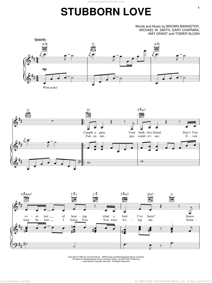 Stubborn Love sheet music for voice, piano or guitar by Michael W. Smith, Amy Grant, Brown Bannister, Gary Chapman and Sloan Towner, intermediate skill level