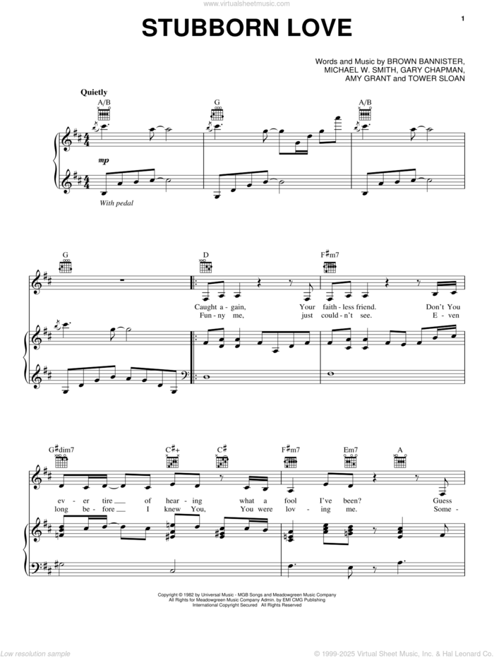 Stubborn Love sheet music for voice, piano or guitar by Michael W. Smith, Amy Grant, Brown Bannister, Gary Chapman and Sloan Towner, intermediate skill level