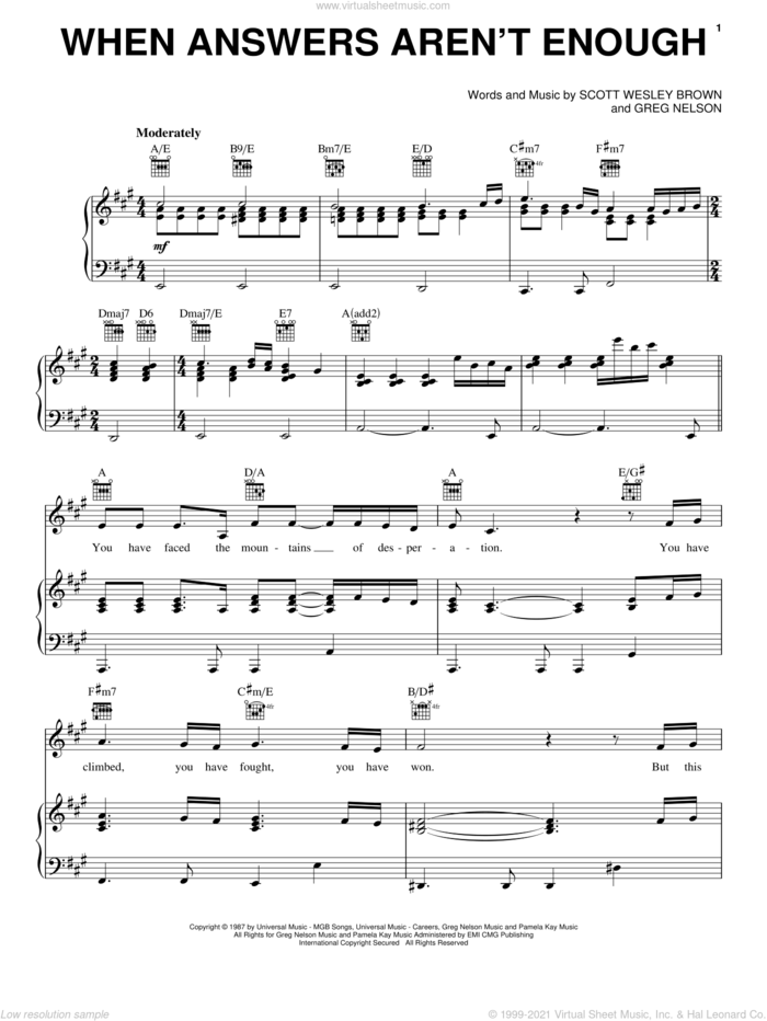 When Answers Aren't Enough sheet music for voice, piano or guitar by Scott Wesley Brown and Greg Nelson, intermediate skill level