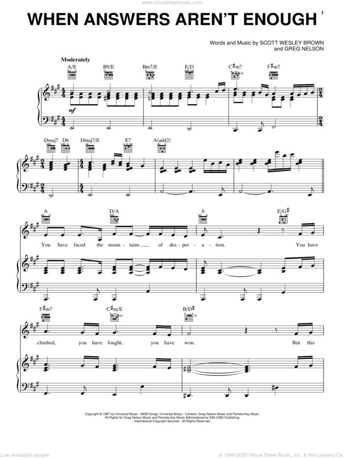 When Answers Aren't Enough sheet music for voice, piano or guitar by Scott Wesley Brown and Greg Nelson, intermediate skill level