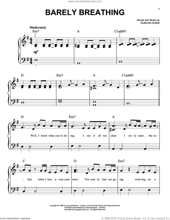 Barely Breathing sheet music for piano solo by Duncan Sheik, easy skill level