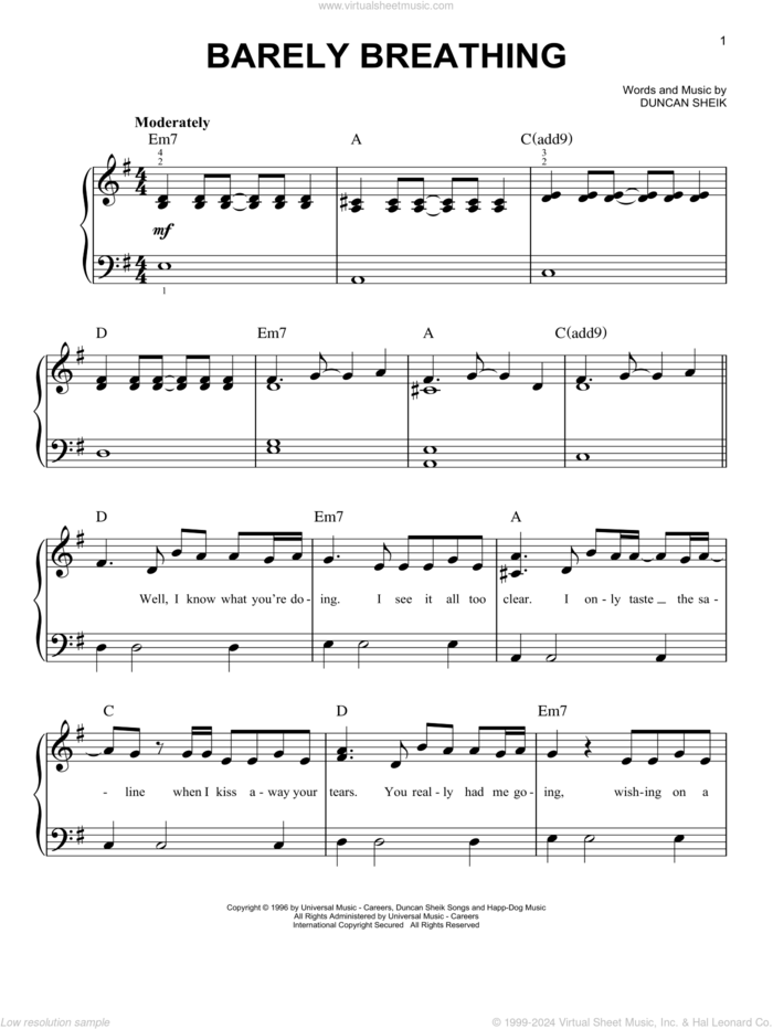 Barely Breathing sheet music for piano solo by Duncan Sheik, easy skill level