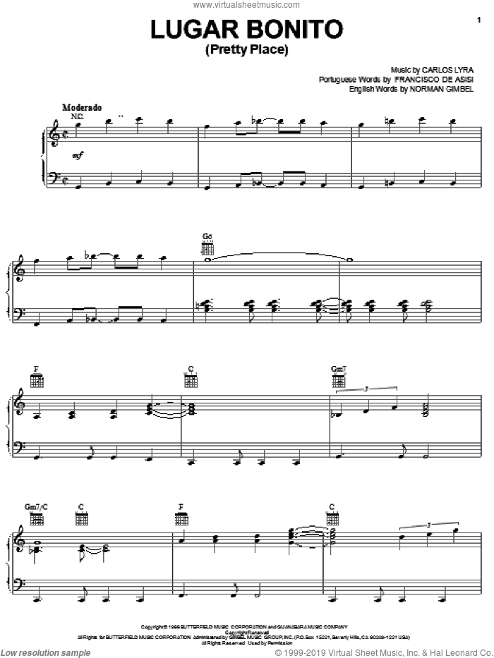 Lugar Bonito (Pretty Place) sheet music for voice, piano or guitar by Norman Gimbel, Carlos Lyra and Francisco De Asisi, intermediate skill level