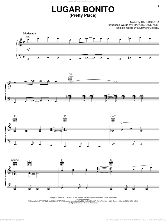 Lugar Bonito (Pretty Place) sheet music for voice, piano or guitar by Norman Gimbel, Carlos Lyra and Francisco De Asisi, intermediate skill level