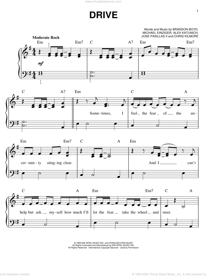 Drive sheet music for piano solo by Incubus, Alex Katunich, Brandon Boyd, Chris Kilmore, Jose Pasillas II and Michael Einziger, easy skill level