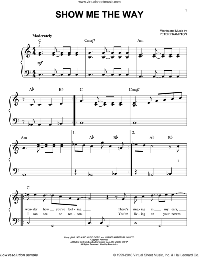 Show Me The Way, (beginner) sheet music for piano solo by Peter Frampton, beginner skill level