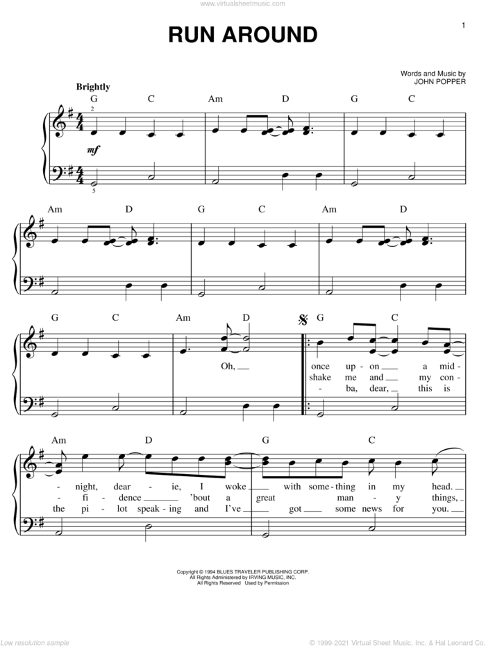 Run Around sheet music for piano solo by Blues Traveler and John Popper, easy skill level