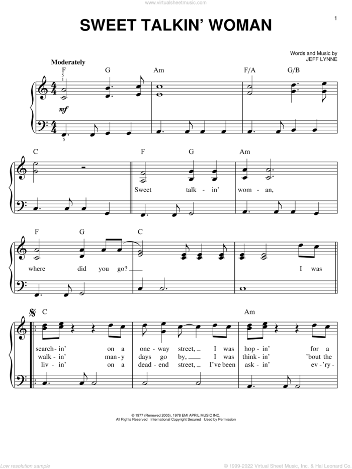 Sweet Talkin' Woman sheet music for piano solo by Electric Light Orchestra and Jeff Lynne, easy skill level