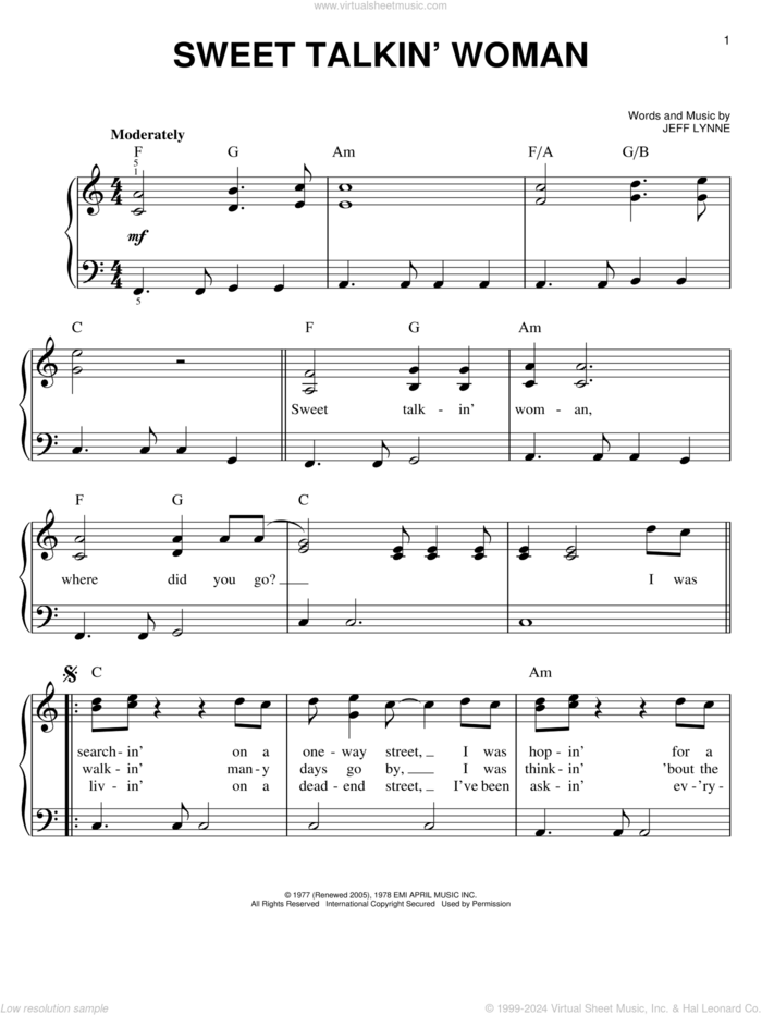 Sweet Talkin' Woman sheet music for piano solo by Electric Light Orchestra and Jeff Lynne, easy skill level