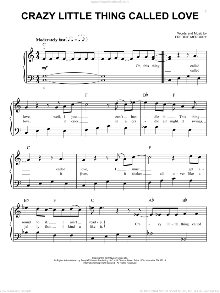 Crazy Little Thing Called Love, (easy) sheet music for piano solo by Queen and Freddie Mercury, easy skill level