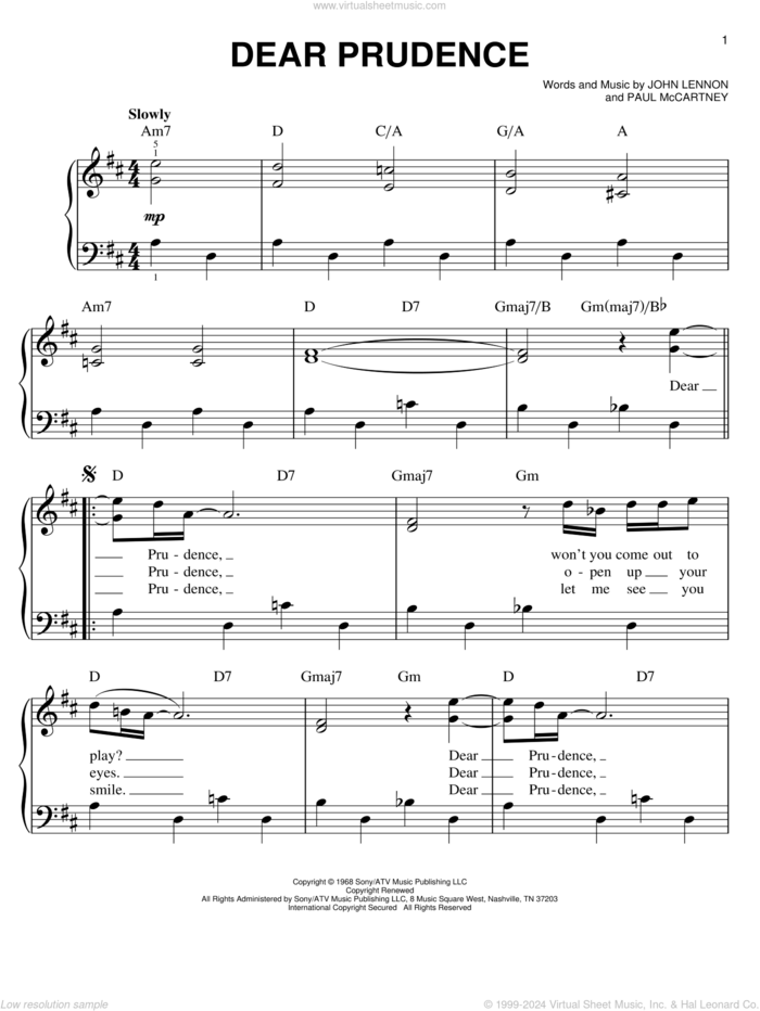 Dear Prudence sheet music for piano solo by The Beatles, Across The Universe (Movie), John Lennon and Paul McCartney, easy skill level