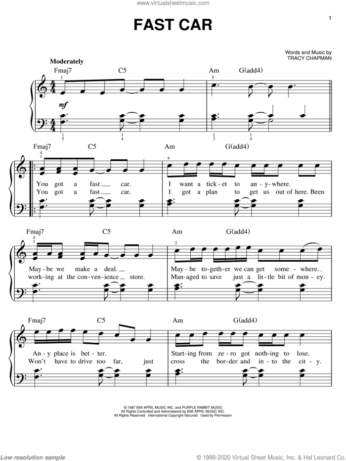 Fast Car sheet music for piano solo by Tracy Chapman, easy skill level