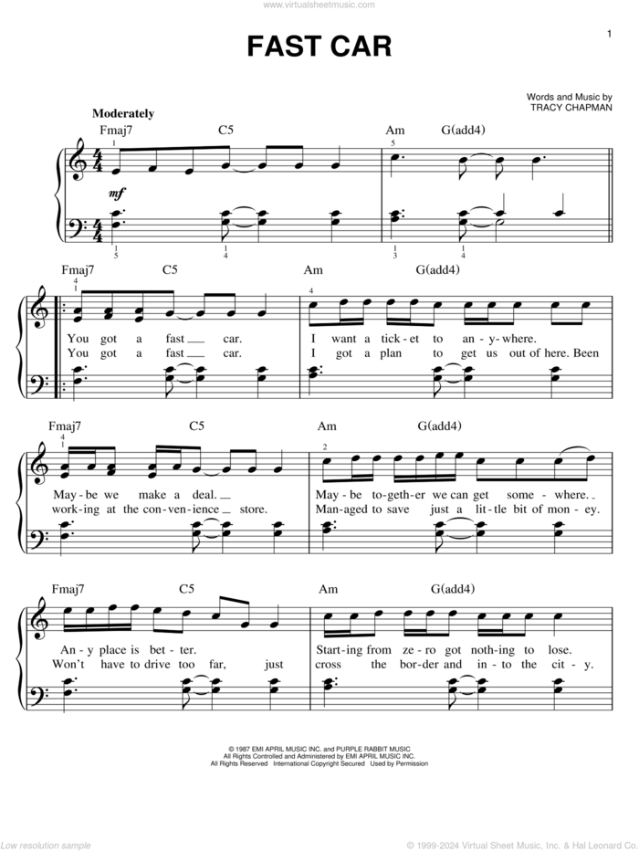 Fast Car sheet music for piano solo by Tracy Chapman, easy skill level