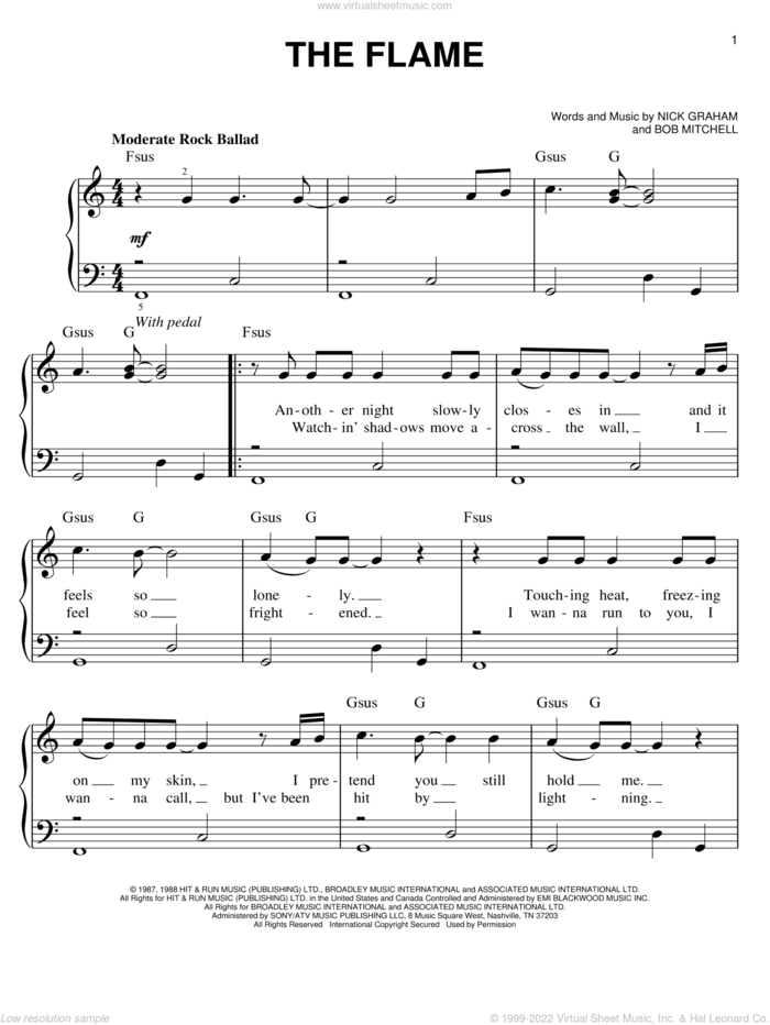 The Flame sheet music for piano solo by Cheap Trick, Bob Mitchell and Nick Graham, easy skill level