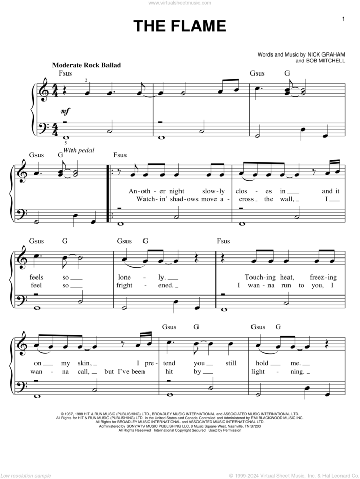 The Flame sheet music for piano solo by Cheap Trick, Bob Mitchell and Nick Graham, easy skill level