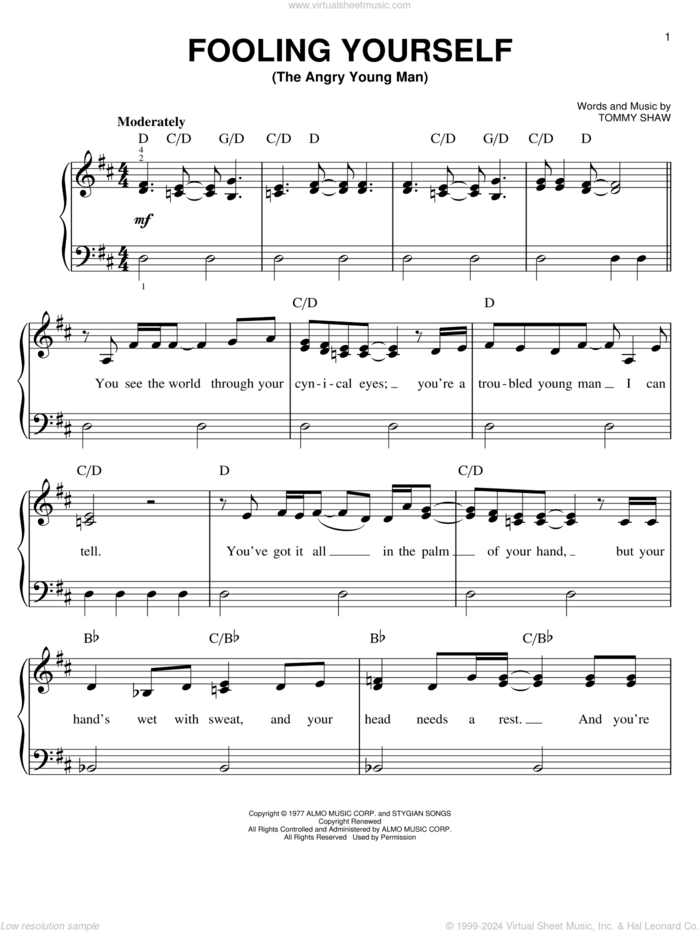 Fooling Yourself (The Angry Young Man) sheet music for piano solo by Styx and Tommy Shaw, easy skill level