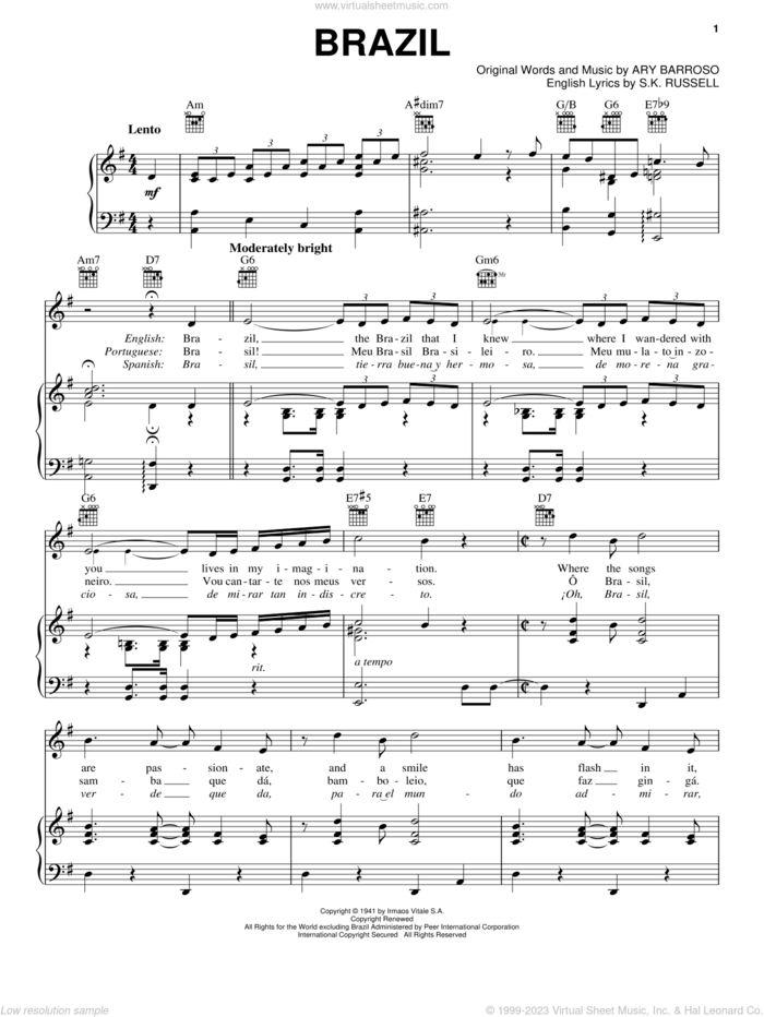 Brazil sheet music for voice, piano or guitar by The Ritchie Family, Ary Barroso and S.K. Russell, intermediate skill level