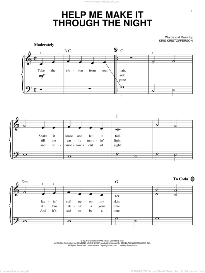 Help Me Make It Through The Night, (beginner) sheet music for piano solo by Kris Kristofferson, Elvis Presley, Sammi Smith and Willie Nelson, beginner skill level