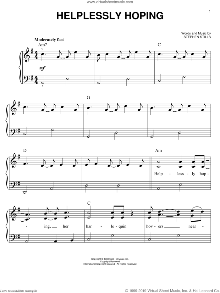 Helplessly Hoping sheet music for piano solo by Crosby, Stills & Nash and Stephen Stills, easy skill level