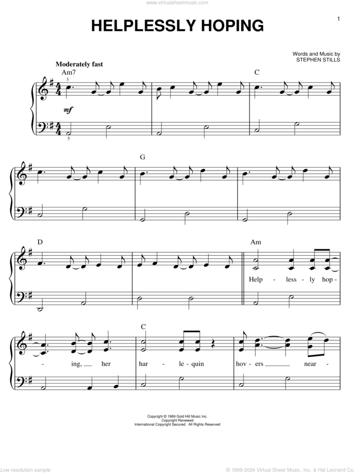 Helplessly Hoping sheet music for piano solo by Crosby, Stills & Nash and Stephen Stills, easy skill level