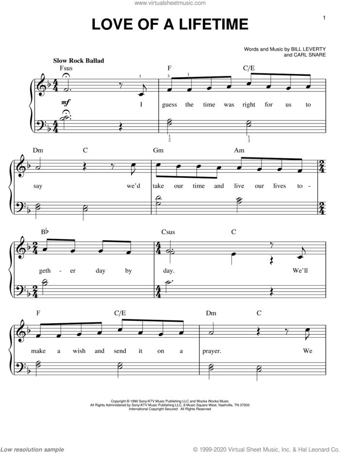 Love Of A Lifetime sheet music for piano solo by Firehouse, Bill Leverty and Carl Snare, easy skill level