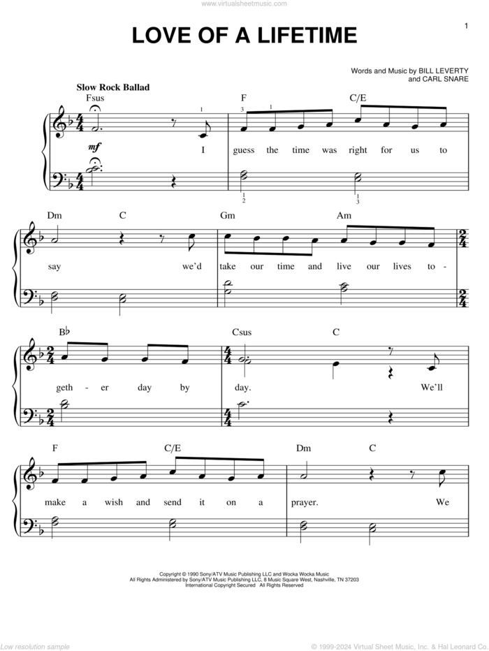 Love Of A Lifetime sheet music for piano solo by Firehouse, Bill Leverty and Carl Snare, easy skill level