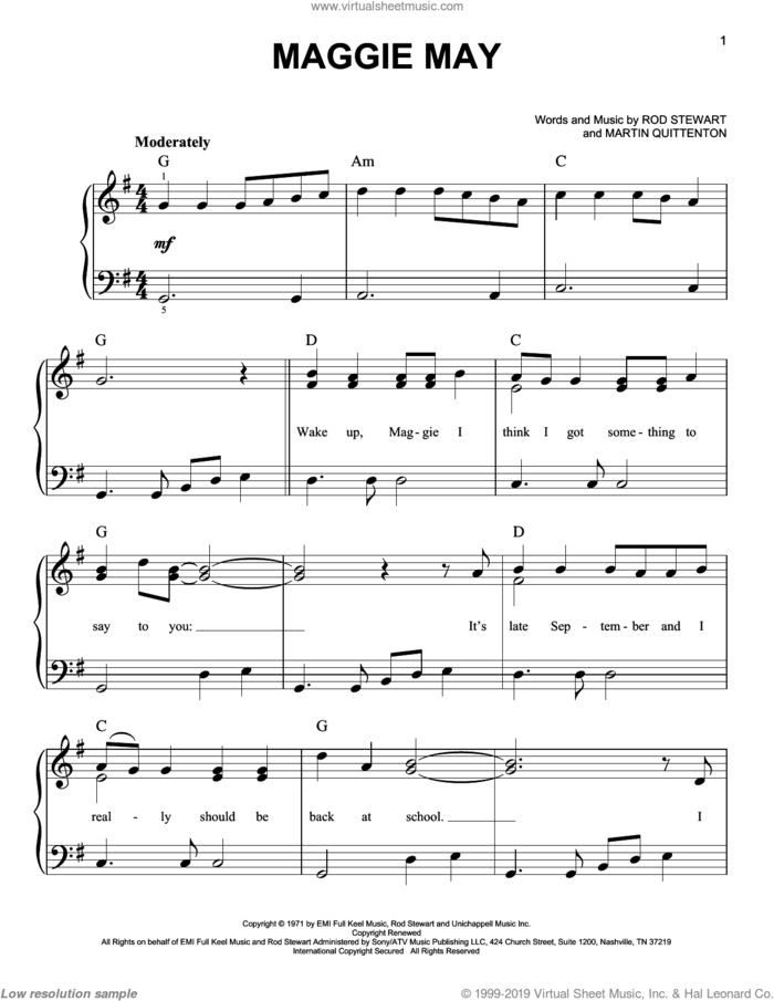Maggie May sheet music for piano solo by Rod Stewart and Martin Quittenton, easy skill level