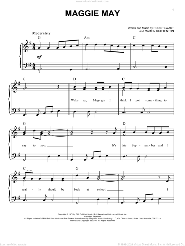 Maggie May, (easy) sheet music for piano solo by Rod Stewart and Martin Quittenton, easy skill level