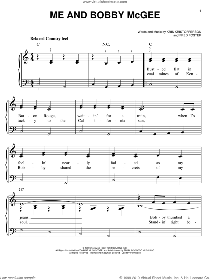 Me And Bobby McGee sheet music for piano solo by Janis Joplin, Fred Foster and Kris Kristofferson, easy skill level