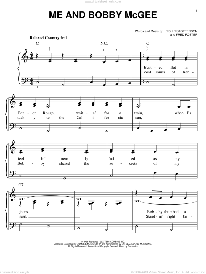 Me And Bobby McGee sheet music for piano solo by Janis Joplin, Fred Foster and Kris Kristofferson, easy skill level