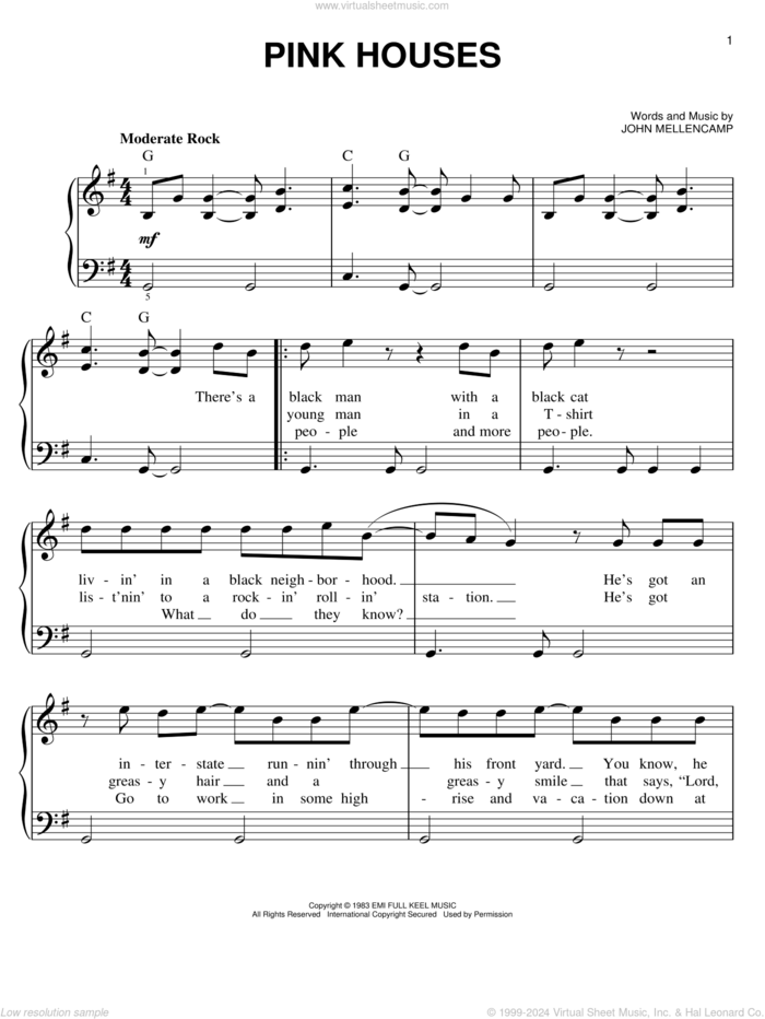 Pink Houses, (easy) sheet music for piano solo by John Mellencamp, easy skill level